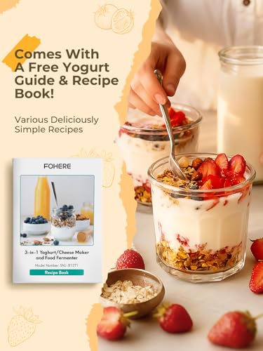 FOHERE Joghurtbereiter, Joghurt inkl. 2 XXL Glasbehälter 2000 ml und 1400 ml, 4 Keramik Portionsbecher à 125 ml, 8 Voreingestellte Programme, Maker für Griechischer Joghurt, Käse, Natto, Reiswein