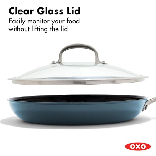 Image of OXO Enhanced 12 inch Nonstick Frying Pan Skillet with Lid, Ceramic PFAS-Free Cookware, Durable Hard Anodized, Scratch Resistant, Stainless Steel Handle, Eggs & Omelets, Dishwasher & Oven Safe, Storm Blue