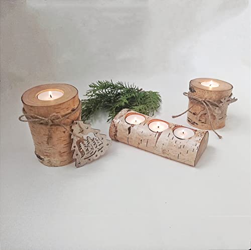 Christmas Tree Birch Yule Log Tealight Candle Holders Set Advent Decorations for 5 Candles Forest Rustic Farmhouse Home Decor Winter Solstice Day Accessories Clearance Traditions