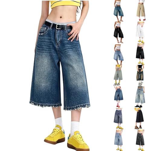 Générique Short Jean Femme Large Taille Haute Pantacourt Jean 7/8 Coupe Bermuda Jupe Culotte Femme Wide Leg Pantalon Denim Décontracté pour Été Ville et Vacances Short Jeans