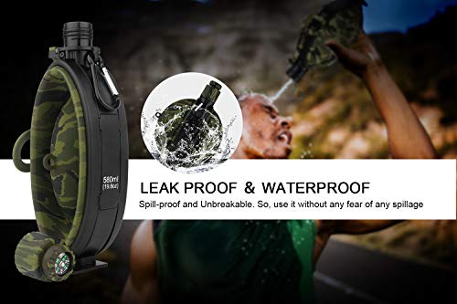 Collapsible Military Water Bottle - Newly Designed Silicone Water Kettle Canteen with Compass Bottle Cap for Hiking Camping Outdoors, BPA Free 19.8 oz (Green Camo) - Thumbnail 5