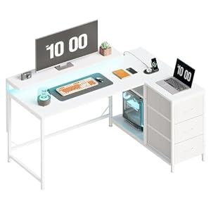YeTom l字デスク 幅100.5cm パソコンデスク 机 pcデスク モニタ台の高さ調節可能 コーナーデスク 本棚付き 引き出しとコンセント付き 左右入れ替え対応 オフィスデスク 勉強机 学習机 ホームオフィス用 白い