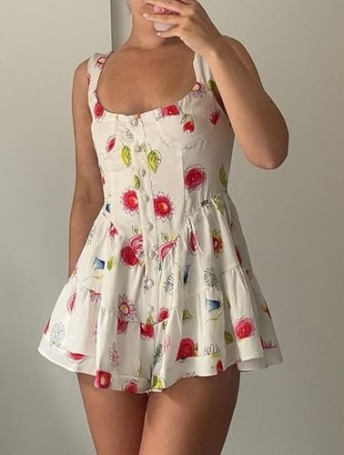 Image of NUFIWI Women Boho Graffiti Cami Mini Dress Spaghetti Strap Printed A Line Short Dress Backless Cut Out Colorful Sundress