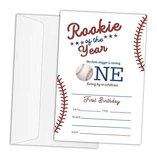 Birthday Invitations Cards with Envelopes Set of 20 - Rookie of the Year Baseball First Birthday Party Invitations for Kids, Boys or Girls, Kids Party Celebration, Supplies/BDAY066