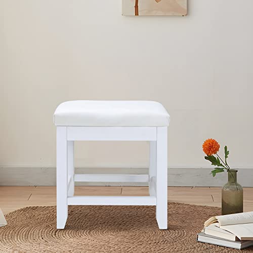 Iwell Large Vanity Stool With Solid Wood Legs, Makeup Bench Dressing Stool, Padded Cushioned Chair, Capacity 330Lb, Piano Seat White #TOP4