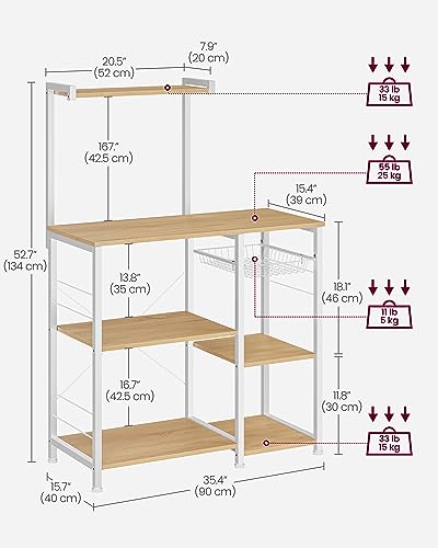 Image of VASAGLE Baker's Rack, Microwave Stand, Kitchen Storage Rack with Wire Basket, 6 Hooks, and Shelves, for Spices, Pots, and Pans, Golden Oak and Cloud White UKKS035W09