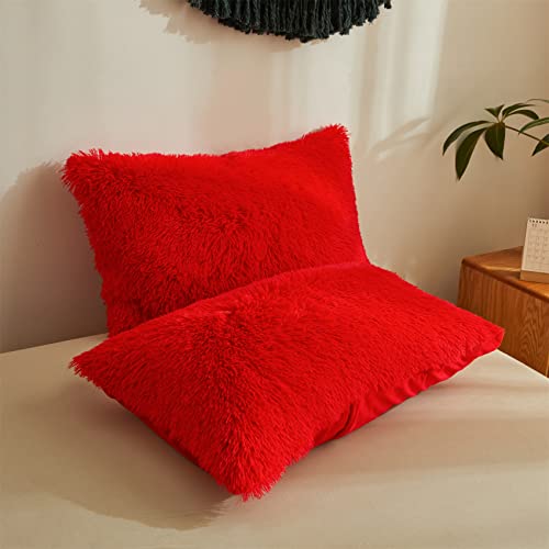 Red Fluffy Comforter Cover Shaggy Plush Set,Ultra Soft Faux Fur Duvet Cover Bedding Sets Queen 3 Pieces With Pillow Cases, Red Fuzzy Bed Set Zipper Closure (Red, Queen) #TOP4