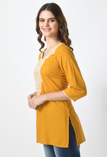 Image of LIBOZA Short Kurti for Women - Lakhnowi Chikankari Embroidered Ladies Kurta, Stylish Girls Top, Ethnic Half Kurtas, Tunic Design Woman Kurtis
