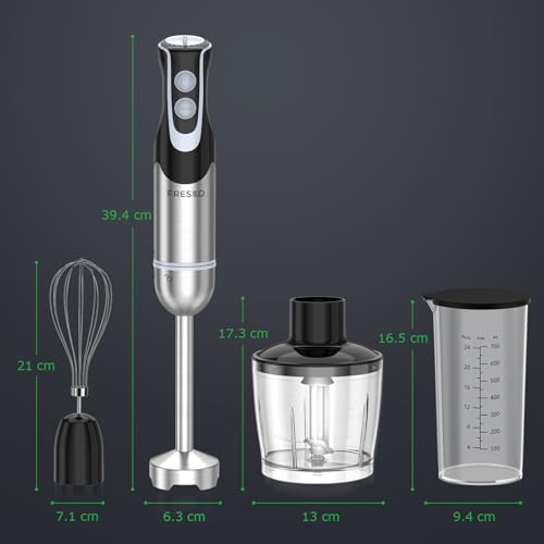 FRESKO 4-en-1 Batidora de mano, batidora de 1000W con 12 velocidades y modo turbo, Cuchillas de acero inoxidable 304, Incluye taza medidora, Taza picadora y batidor (HB3302)