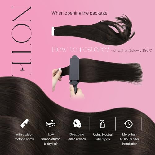 Image of Moresoo Darkest Brown Tape in Real Hair Extensions, 24 Inch, 20Pcs, 50g | Hair extensions tape in, invisible skin weft, dark brunette tone, long straight strands, braids and photo shoot styling