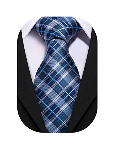 Image of Barry.Wang Plaid Ties Check Mens Necktie Set with Handkerchief Cufflinks Classic Stripe