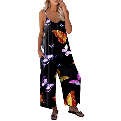 Latzhose Damen Sommer Lang Jumpsuits Für Damen Elegant Overall Einfarbig V-Ausschnitt Trägerhose Playsuit MäDchen äRmellos Loose Fit Hosenanzug Damen Sommer Leicht Weites Bein Hose Arbeitshose