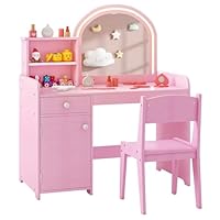 COSTWAY Kids Vanity Table and Stool Set, Children Study Desk with 2-Color LED Lights Mirror, Shelves, Drawer & Cabinet, Wooden Makeup Dressing Tables for Playroom Bedroom (Pink)