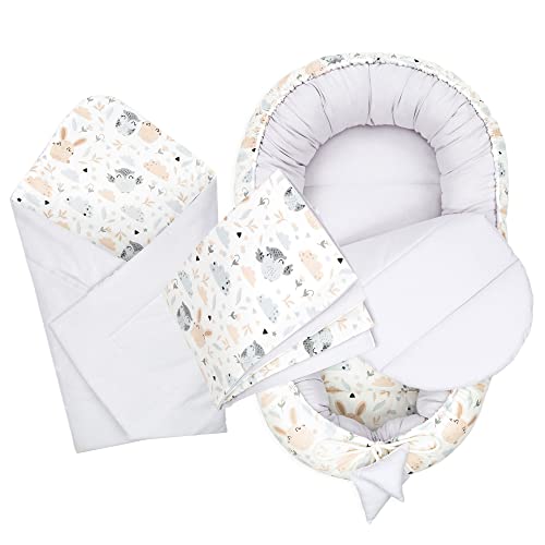 PaLulli, set di 5 nidi premium con nido per neonati, 90 x 50 cm, imbottitura rimovibile, cuscino per il collo, cuscino piatto per bambini, 100% cotone Oeko Tex (Swallows