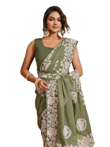 Sari georgette vert Ekasya Star E6437 avec blouse assortie en taille unique