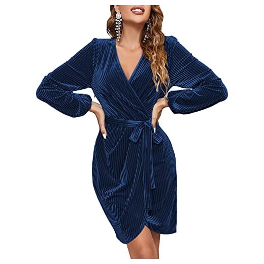 MEROKEETY Womens Long Sleeve Wrap Velvet Mini Dress Sexy V Neck Cocktail Party Club Dress, Navy, XL