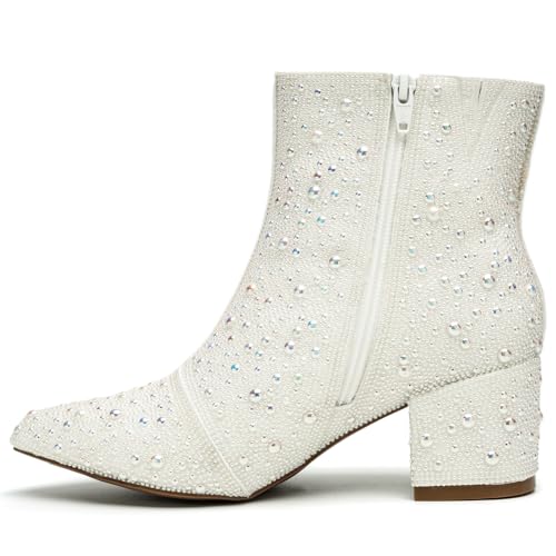 Image of YAYONE Rhinestone Zipper Sparkly Ankle Boots - Glitter Pointed Toe Fashion Comfortable Shoes, Pull on Chunky Heel Western Boots