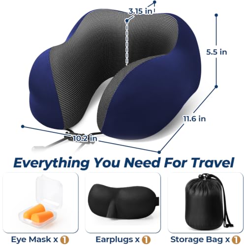 Image of ExploreBliss Travel Pillow, Memory Foam Neck Pillow Airplane, Blue | Travel Pillows for Airplanes, Neck Pillow Airplane, Memory Foam Neck Pillow Set with Eye Mask, Earplugs