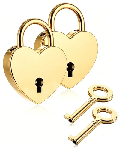 WINXMIN 2 pièces mini cadenas en forme de cœur vintage avec clé en forme de cœur – cadenas coeur, pour armoire, boîte à bijoux, journal intime, tiroir (Doré)