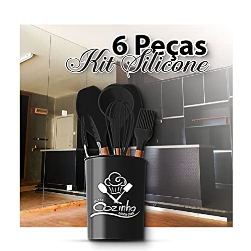 Kit Utensílios Cozinha Silicone Cabo de Madeira 7 pçs PRETO
