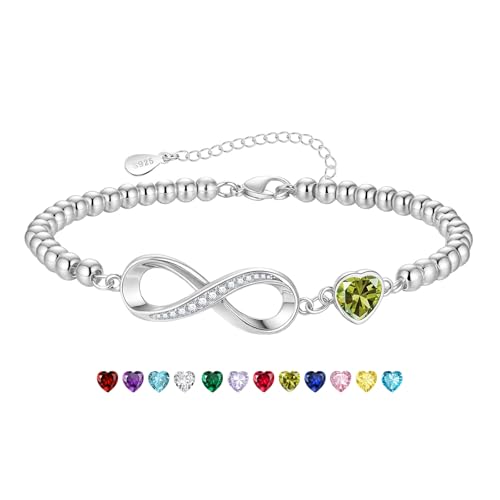 Image of KLIFOWDY Birthday Gifts for Women 925 Sterling Silver Bracelet Heart Birthstone Bracelet 6"+2.5" Bead Bracelets Ladies Gifts Birthday Jewellery (08.August (Peridot))