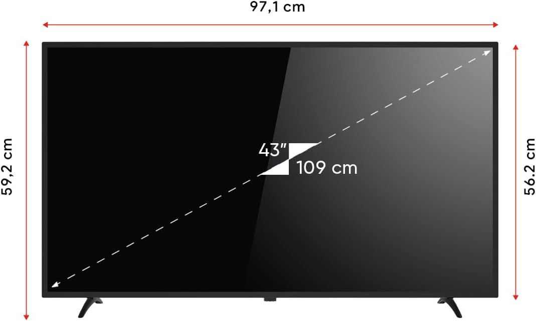 Diagram showing dimensions of Next YE-43020GG4 TV: 97.1 cm width, 59.2 cm height, 43 inch / 109 cm diagonal