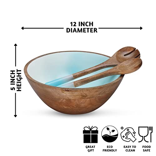 Folkulture Salad Bowls Or Decorative Wooden Bowls For Serving, Mixing And Tossing With Wooden Servers, Large Rustic Fruit Bowl Or Serving Bowl, 12" D X 5" H, Mango Wood, Blue Ombre #TOP3