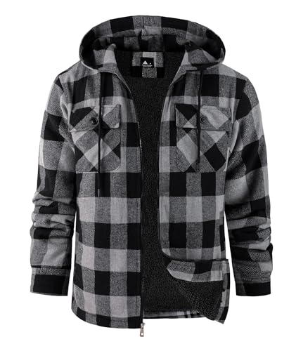 ZITY Men's Flannel Hooded Jacket Fleece Sherpa Lined Plaid Shirts Jackets Zip Up Sweatshirt Hoodies for Men with 4 Pockets Black Dark Grey X-Large