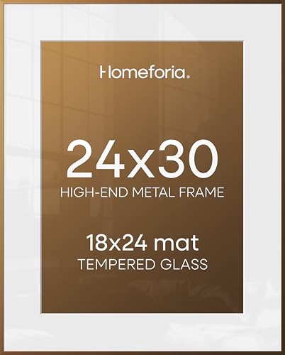 Image of Homeforia 24 x 30 Bronze Frame, High End Metal 24x30 Large Poster Frames with Mat 18x24 for Photo, 24 x 30 Brass Picture Frame Matted to 18 by 24 Print, 30x24 Frame, Tempered Glass, Wall Kit, Set of 2