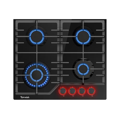 TOPWISH cocina de gas 4 fuegos,cocina de gas,placa de gas,cocina gas con rojo mando giratorio iluminado,natural/propano convertible,válvulas de seguridad,apagado automático, vitrocerámica,8000 Watt