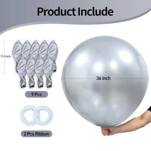 Image of KALOR Metallic Silver Giant 36 Inch 9pcs Large Latex Balloons