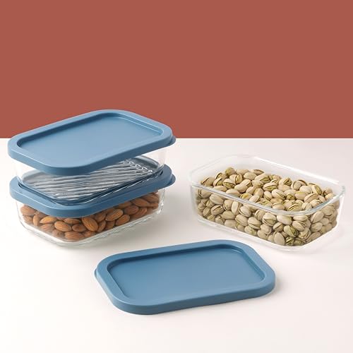 Image of ATTRO Storeit Borosilicate Glass Storage Containers - 520ml, Set of 3, Transparent & Stackable with PE Lids, Microwave, Fridge & Dishwasher Safe, Ideal for Kitchen & Leftovers- Blue