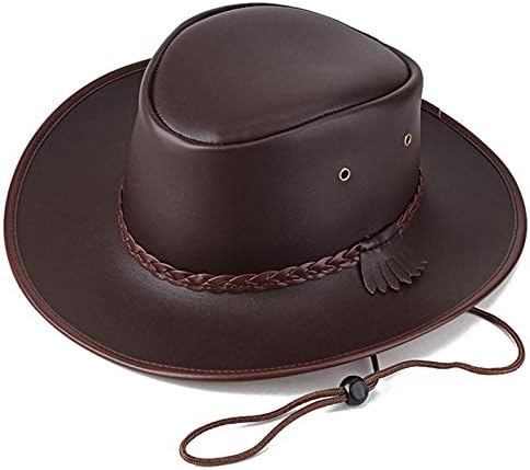 Cowboy Hats for Men and Women, Western Leather Outback Wide Brim Rain Cap (Brown)