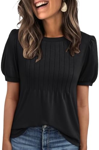 AUTOMET Womens Tops Short Sleeve T-Shirts Blouses Dressy Casual Business Puff Pleated Summer Fashion 2025 Basic Comfy Clothes