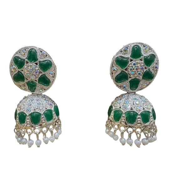 Women's Sparkling Green Silver Polished Jhumka Traditional Kundan Chandbali Earrings Classic Earrings Indian Jhumka Studded Drop Earrings for Women 1 Pair
