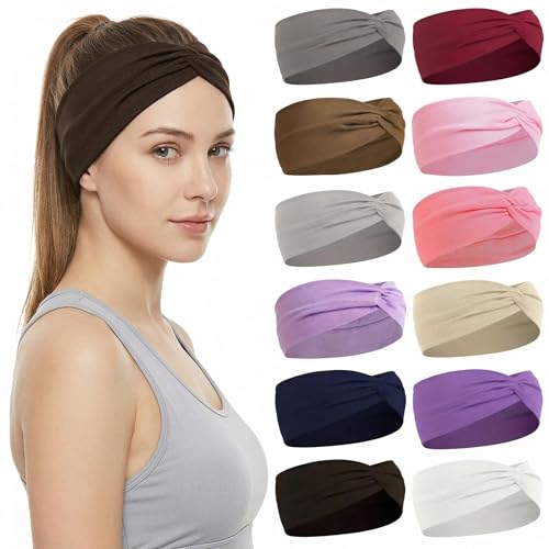 Stretchy Wide Headbands for Women - 12 Pcs Non Slip, Absorbed Sport Headband Soft Twist Knotted Headbands for Daily Life Yoga Workout (12 Color1)