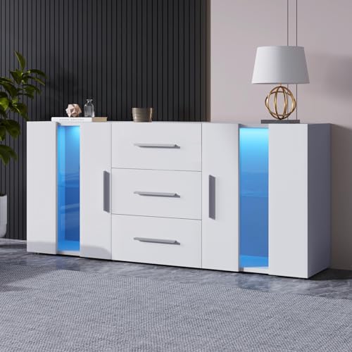 Sweiko Buffet, commode avec 16 couleurs LED, buffet vertical avec trois tiroirs, placard multifonctionnel pour salon et salle à manger (blanc)