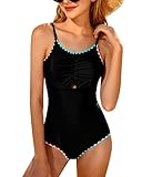 Kids4ever Bathing Suits for Girls Adjustable Straps Girls One Piece Swimsuits Cut Out Contrast Trim Teens Swimwears Summer Beach Cute Fashion Size 11-12 Black Swim Suit