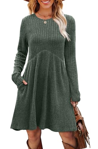 OFEEFAN Long Sleeve Dress for Women Crew Neck Empire Waist Tunic Dress with Pockets3