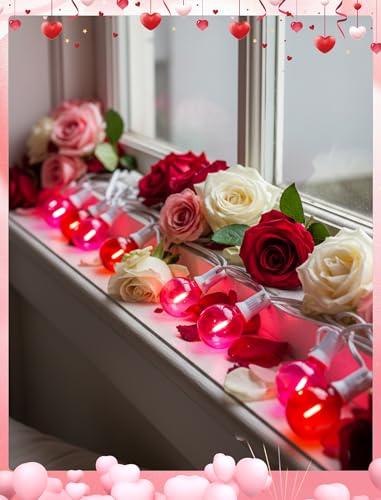 Image of 25 Pack G40 LED Red and Pink Replacement Light Bulbs, Shatterproof G40 LED Globe Lights Bulbs for Outdoor Patio String Lights Valentine's Day Party Christmas Decor, E12 C7 Candelabra Base, 2700K