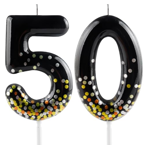 Hongplus Black Gold Confetti Number 50 Birthday Candle Cake Candles, Candles for Cake, Happy 50 Birthday Candles Cake Topper Decorations for Women Men Birthday Anniversary Wedding Party