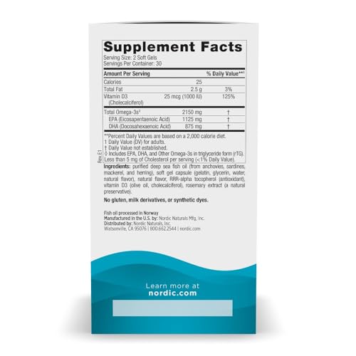 Nordic Naturals Ultimate Omega 2X w/Vitamin D3, 2150mg EPA+DHA - 60 Count | Omega-3 + vitamin D3 in one. 2150mg EPA+DHA + 1000 IU D3 for heart, brain & immune health. Lemon flavor, 60ct, 30 servings - image 2