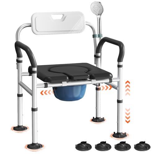 Heavy Duty Bedside Commode Chair with Adjustable Height and Width, Raised Toilet Seat with Arms Handles and Back Support for Elderly, Portable Bedside Toilet with Bucket (Width 20.4-22.44")
