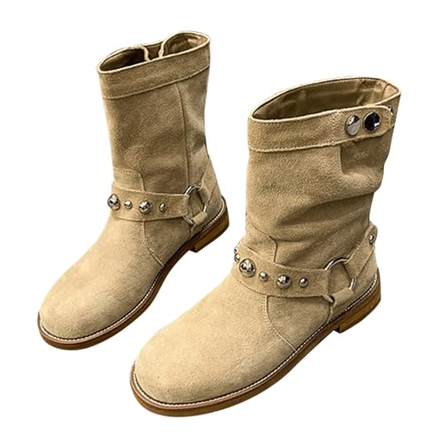 Botas de tacón bajo, punta redonda, estilo vintage, hebilla de metal, botas de pantorrilla de moda, ligeras, elegantes, al aire libre, antideslizante, botas de moda, zapatos de mujer, caqui, 36 EU