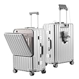 [Yuweijie] スーツケース フロントオープン 機内持ち込み usbポート付き キャリーケース パソコン収納ポケット 人気 かわいいキャリーバッグ カップホルダー付き アルミフレームタイプ ハード 前開き 荷物フック 携帯電話ホルダー付き 充電機能付き トップオープン tsaロック付き 頑丈 海外旅行出張 (Silver, M(65.5cm x 45.5cm x 28cm))