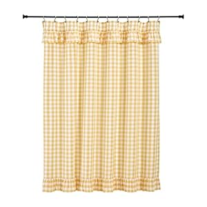 VHC Brands Annie Buffalo Check Farmhouse 72×72 Shower Curtain Yellow Rod Pocket Ruffling Cotton Button Holes for Hooks Square Bath Decor