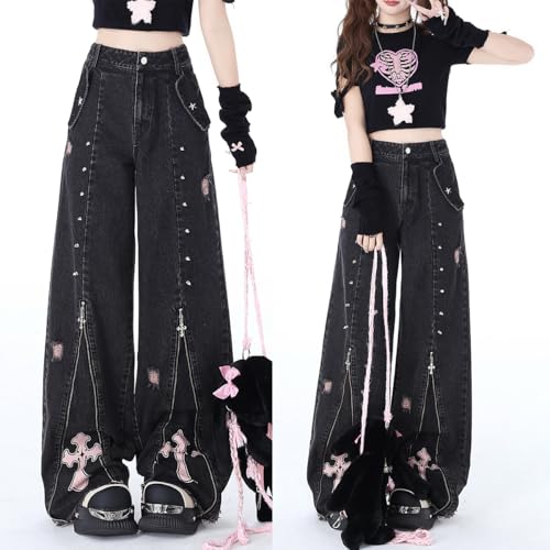 Harajuku Fashion High Waist Baggy Jeans Gothic Y2K Vintage Zipper Casual Straight Leg Wide Leg Denim Pants2