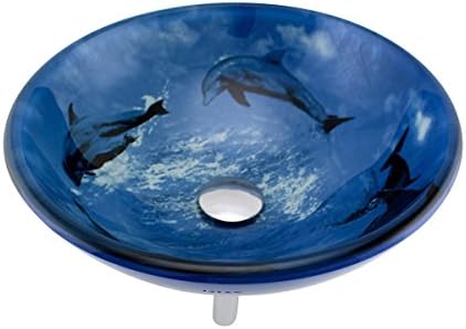 Renovators Supply Manufacturing Countertop Bathroom Sink 16.5 in. Round Blue Glass Bowl Vessel Sink with Chrome Sink Drain