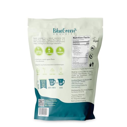 Image of BLUE GREEN ORGANICS Organic Agave Sugar (Powder Form) - Low Glycemic Sweetener Alternative - Keto, Vegan, Gluten Free - Natural Sugar Substitute - 0.77 lb