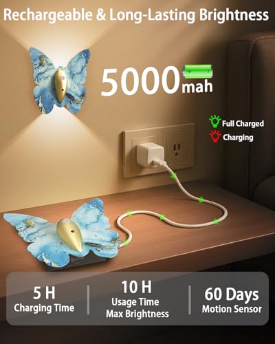 Image of Eneru Motion Sensor Wall Sconce Set of 2, Rechargeable Wall Lights, Indoor | 5000mAh Battery Operated Wall Sconces, Magnetic Butterfly Motion Night Light for Hallway Stair Closet Pantry, Blue & Gold